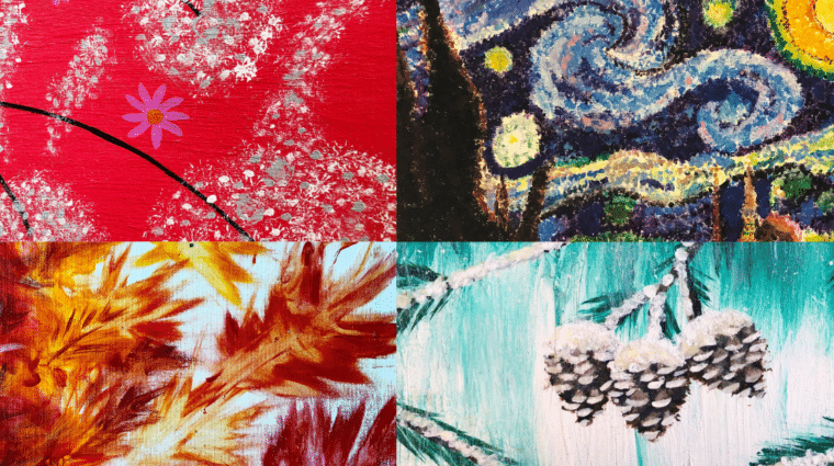 Excerpts of paintings from the AHRC Nassau artists who created nature scenes from spring, fall, winter, and a starry summer night.
