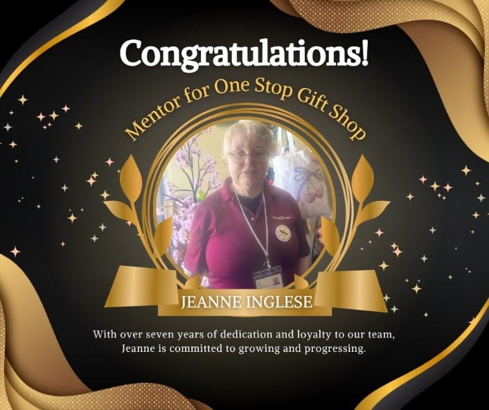 A certificate given to Jeanne Inglese for being a mentor at the One Stop Gift Shop