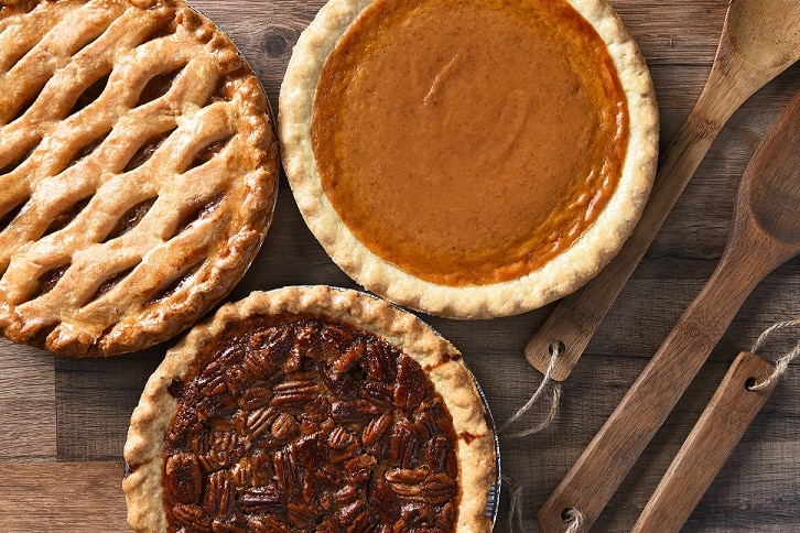 A photo of three Thanksgiving Pies