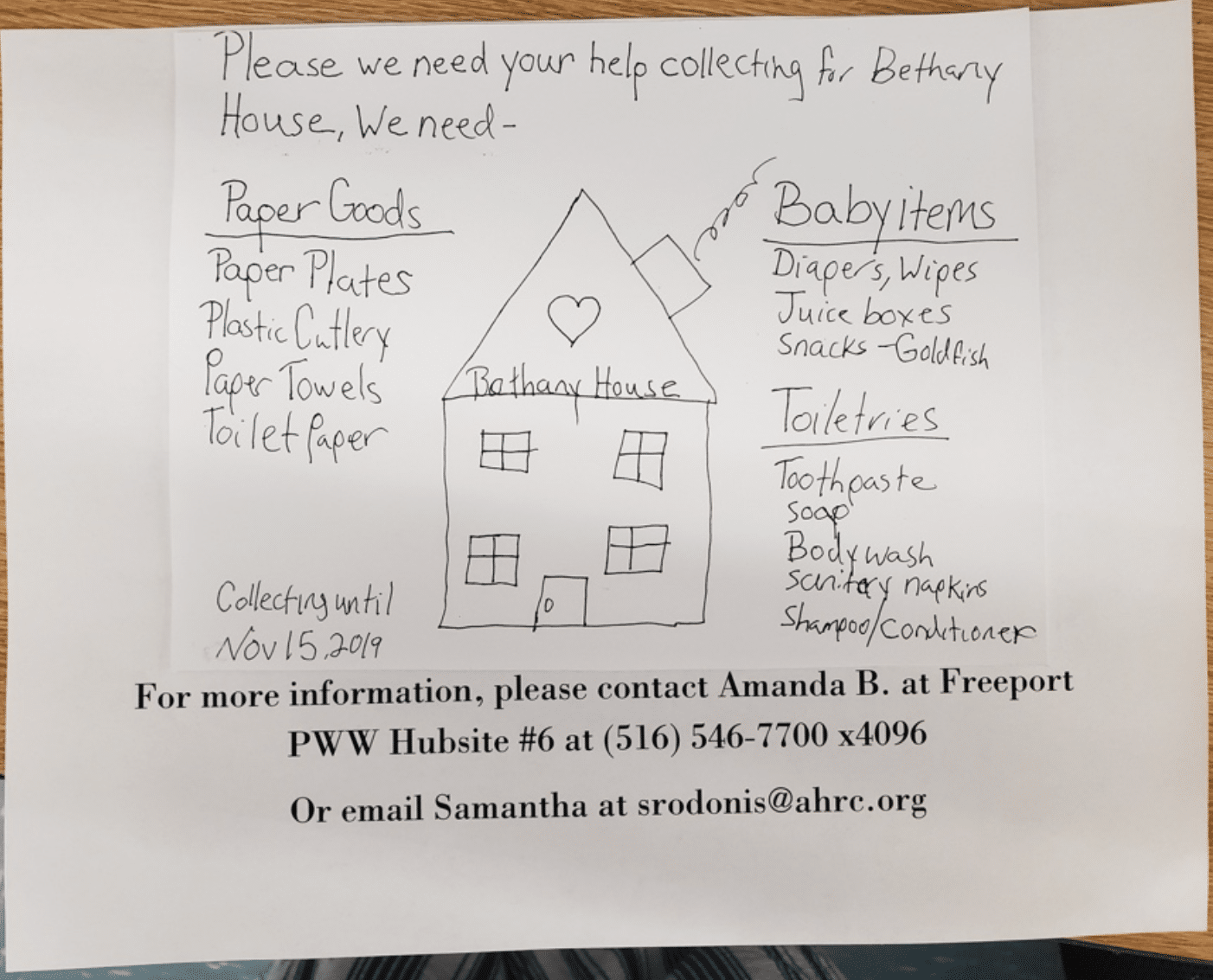 Flyer distributed by Amanda Brosnan requesting donations of paper goods, baby items, and toiletries for Bethany House