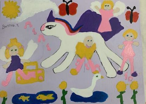 Fairies and unicorns joyfully play in this painting