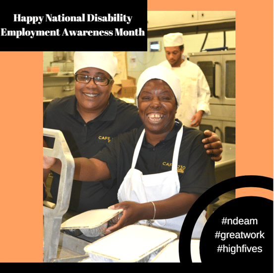 AHRC Nassau Cafe 230 catering workers smile as they prepare meals. Happy National Disability Employment Awareness Month #ndeam #greatwork #highfives