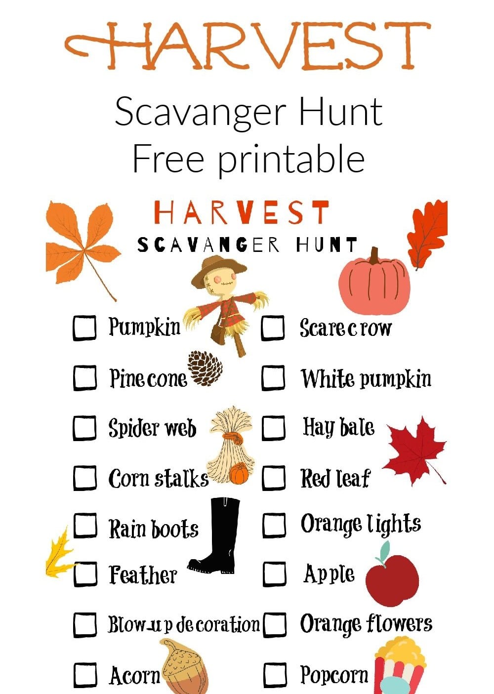 Harvest Festival Scavenger Hunt list