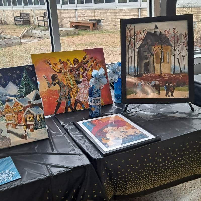 Various pieces of art created by AHRC Nassau and Prep Academy artists on display