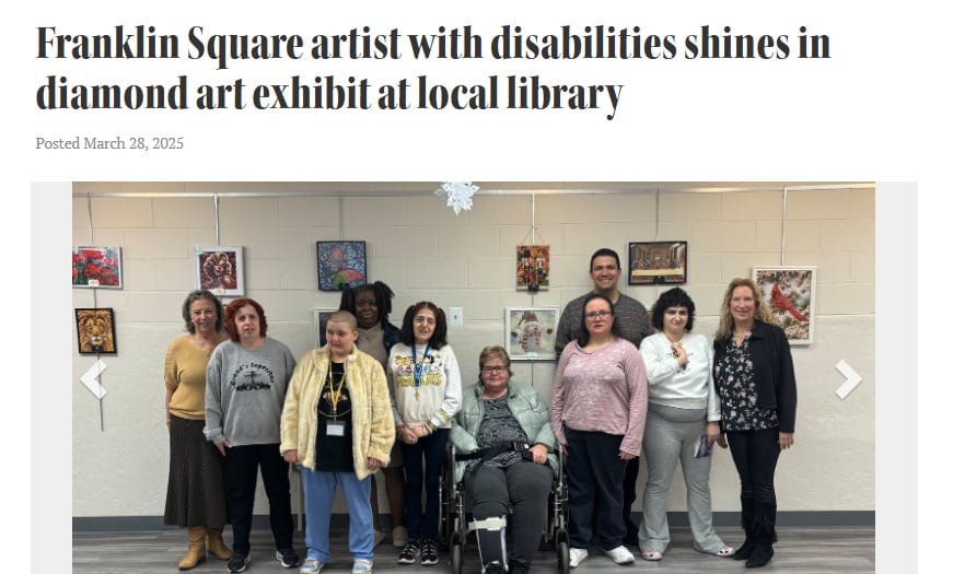 Donna Nowakoski and her fellow artists in front of their artwork at the Franklin Square Public Library