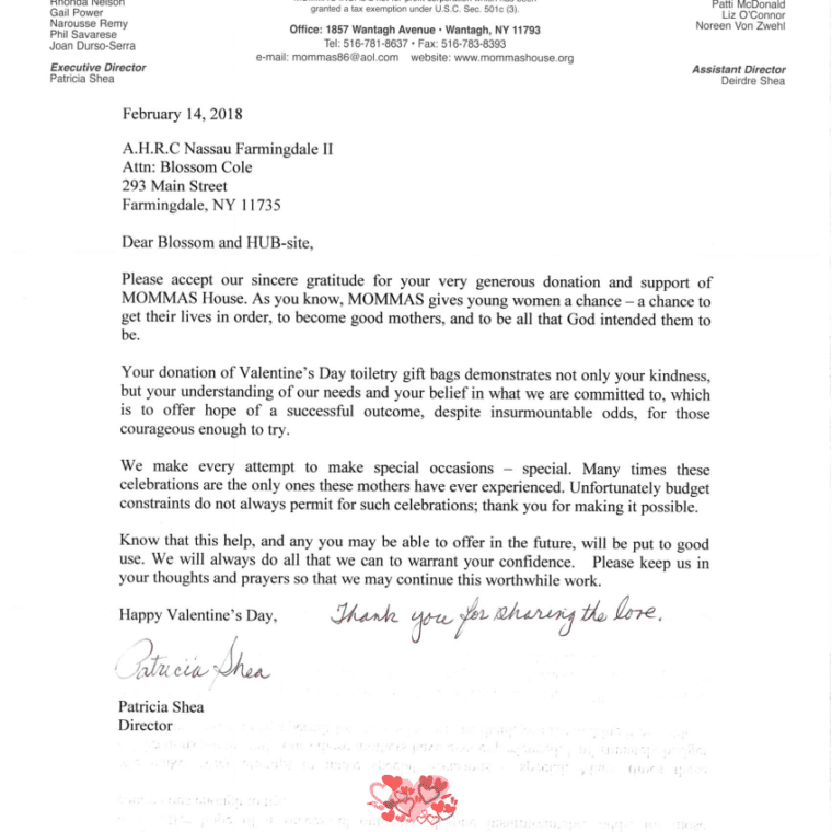 MOMMAS House Executive Director Pat Shea send a thank you note for the baskets to AHRC Nassau.