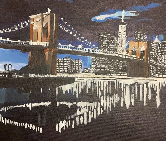 A painting of the NYC skyline featured at our NYC Art Exhibit