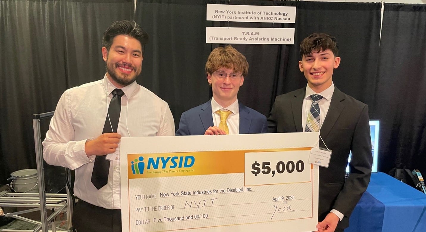 NYIT students pose with the $5,000 check they won in the accessible design competition.