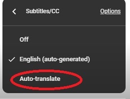 Menu for subtitles/closed captions showing options for auto-translate and English (auto-generated) selection.