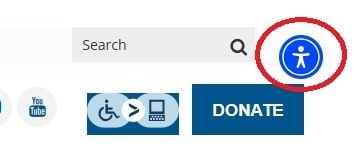 A website interface showing a search bar, accessibility icons, and a "DONATE" button, with a highlighted accessibility symbol.