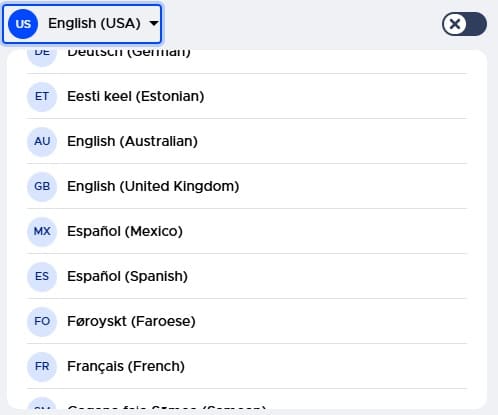 Language selection menu displaying various languages, including English (USA, Australian, UK), Spanish, French, and others.